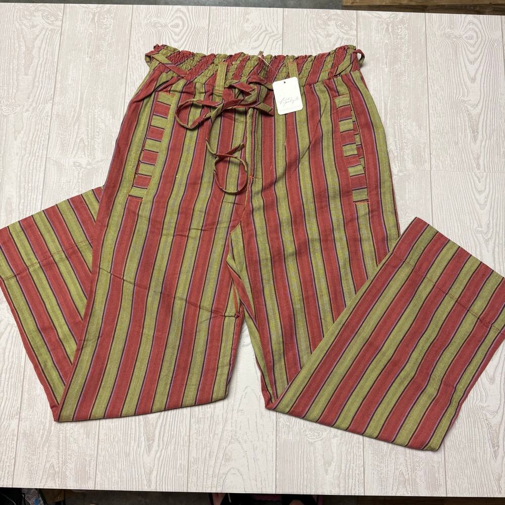 NWT Free People Women’s Striped Wide Leg Pants Tie Waist Boho Olive Rust